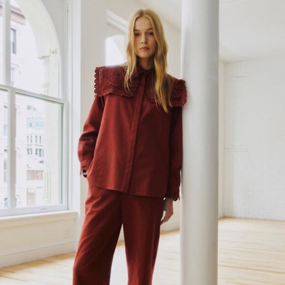 Sézane x Sea NY NWT Astrid Shirt in Burgundy Embroidery Size 38/US 6 - Picture 5 of 7